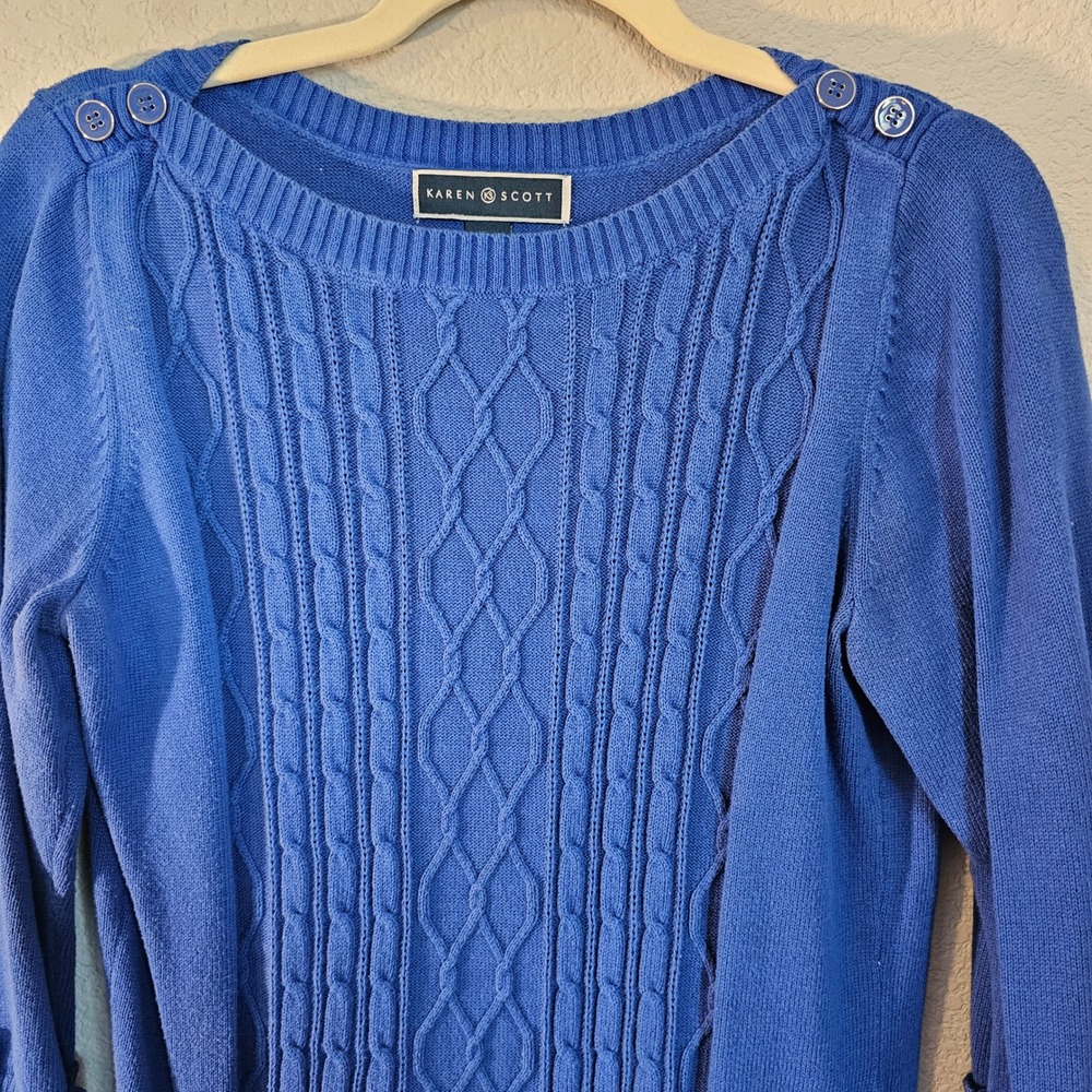 Karen Scott women medium blue 3/4 sleeve sweater 100% cotton preppy casual